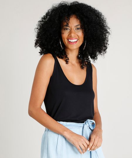 Regata Feminina Básica Ampla Decote Redondo Preta Menor preço em Regata Feminina Básica Ampla Decote Redondo Preta