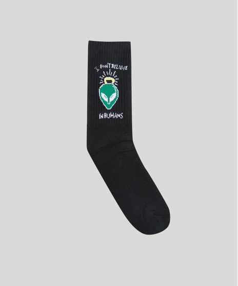 Meia-Masculina-Cano-Alto-Divertida-ET--I-Don-t-Believe-in-Humans--Preta-9379024-Preto_1