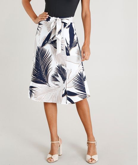 Saia-Midi-Feminina-Estampada-de-Folhagens-com-Fenda-e-Faixa-para-Amarrar--Branca-9307599-Branco_1