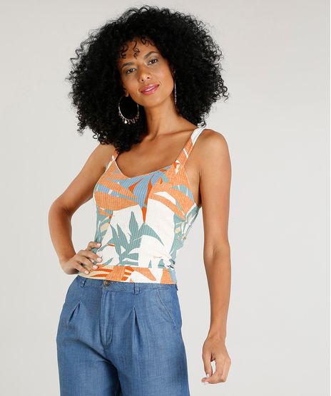 Regata-Feminina-Estampada-de-Folhagem-com-Faixa-para-Amarrar-Decote-V-Bege-Claro-9433081-Bege_Claro_1