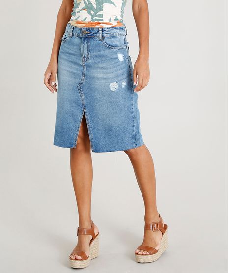 Saia-Jeans-Feminina-Midi-com-Fenda-Azul-Claro-9470052-Azul_Claro_1
