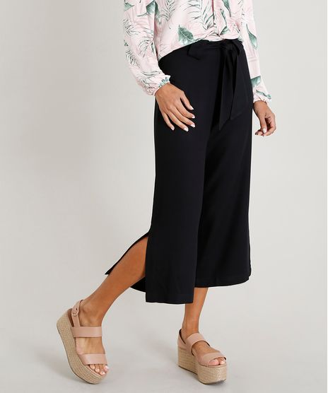 Calca-Pantacourt-Feminina-com-Fenda-e-Faixa-para-Amarrar-Preta-9439206-Preto_1
