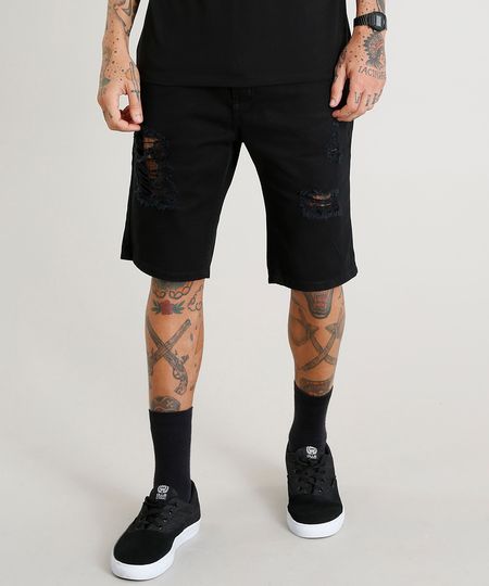 Bermuda de Sarja Masculina Slim Destroyed Preta - 46 Menor preço em Bermuda de Sarja Masculina Slim Destroyed Preta - 46