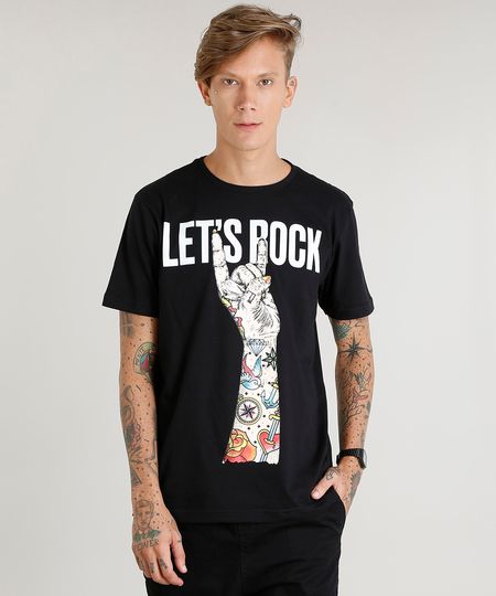 Camiseta Masculina "Let's Rock" Manga Curta Gola Careca Preta Menor preço em Camiseta Masculina "Let's Rock" Manga Curta Gola Careca Preta