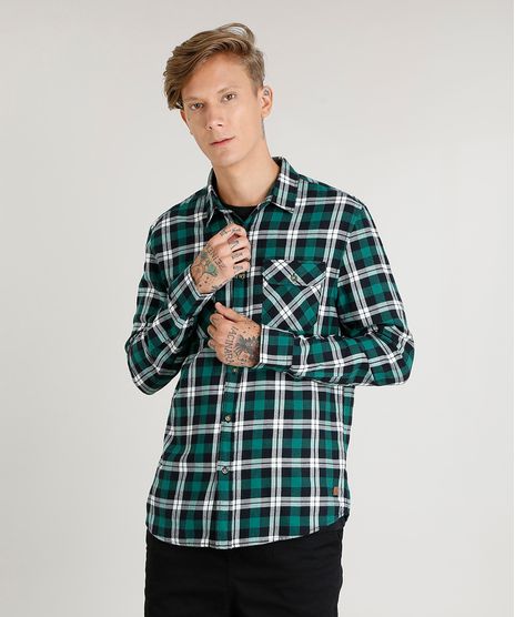 Camisa-Masculina-em-Flanela-Estampada-Xadrez-com-Bolsos-Manga-Longa-Verde-9373515-Verde_1