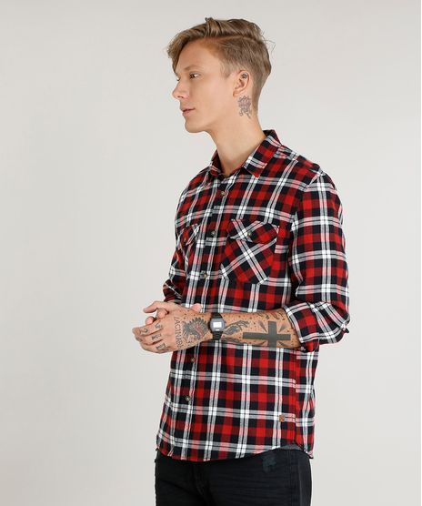 Camisa-Masculina-em-Flanela-Estampada-Xadrez-com-Bolsos-Manga-Longa-Vermelha-9373515-Vermelho_1