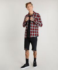 Camisa-Masculina-em-Flanela-Estampada-Xadrez-com-Bolsos-Manga-Longa-Vermelha-9373515-Vermelho_3