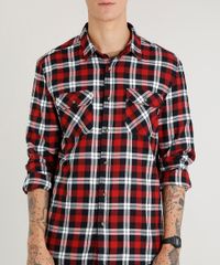 Camisa-Masculina-em-Flanela-Estampada-Xadrez-com-Bolsos-Manga-Longa-Vermelha-9373515-Vermelho_4