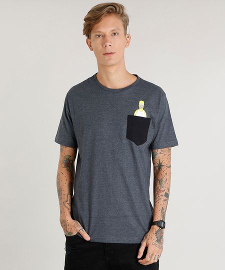 Menor preço em Camiseta Masculina Homer Simpson com Bolso Manga Curta Gola Careca Cinza Mescla Escuro