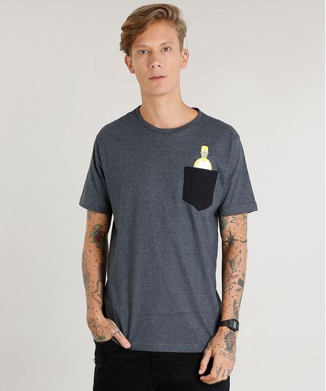 Camiseta Oxer Básica Mescla Raglan Masculina Camiseta Masculina Homer Simpson Com Bolso Manga Curta Gola Careca Cinza Mescla Escuro Cea