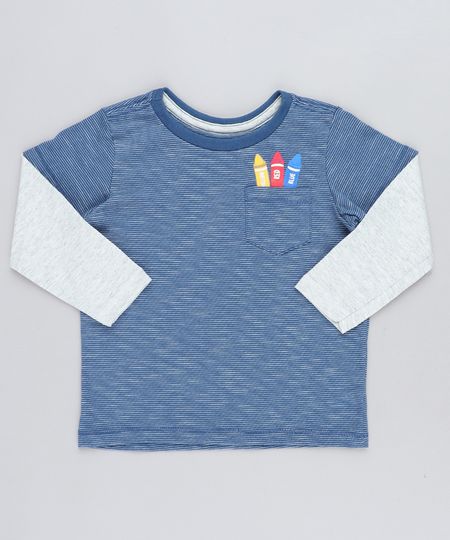 Camiseta Infantil Listrada Giz de Cera com Bolso Manga Longa Gola Careca Azul Menor preço em Camiseta Infantil Listrada Giz de Cera com Bolso Manga Longa Gola Careca Azul