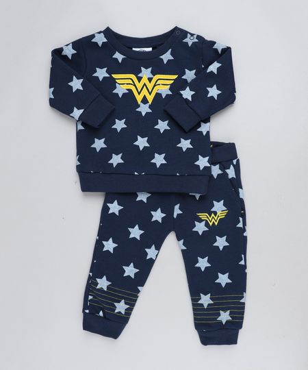 Conjunto Infantil Mulher Maravilha de Blusão + Calça Estampada de Estrelas em Moletom Azul Marinho Menor preço em Conjunto Infantil Mulher Maravilha de Blusão + Calça Estampada de Estrelas em Moletom Azul Marinho