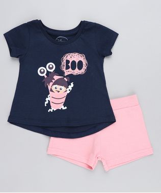 Conjunto-Infantil-Boo-Monstros-S-A--de-Blusa-Manga-Curta-Azul-Marinho---Short-em-Moletom-Rosa-9419576-Rosa_1
