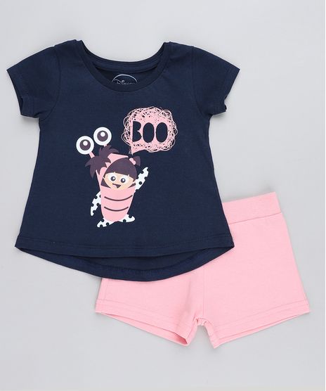 Conjunto-Infantil-Boo-Monstros-S-A--de-Blusa-Manga-Curta-Azul-Marinho---Short-em-Moletom-Rosa-9419576-Rosa_1