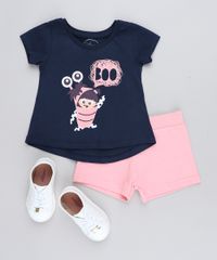 Conjunto-Infantil-Boo-Monstros-S-A--de-Blusa-Manga-Curta-Azul-Marinho---Short-em-Moletom-Rosa-9419576-Rosa_3