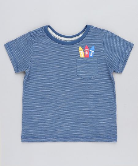 Camiseta Infantil Listrada Giz de Cera com Bolso Manga Curta Gola Careca Azul Menor preço em Camiseta Infantil Listrada Giz de Cera com Bolso Manga Curta Gola Careca Azul