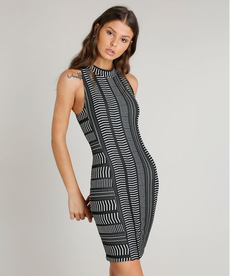 Vestido-Feminino-Curto-em-Jacquard-Sem-Manga-Gola-Alta-Preto-9473784-Preto_1