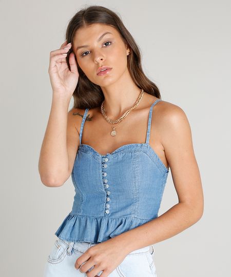 Regata Jeans Feminina Cropped com Babado e Botões Azul Claro Menor preço em Regata Jeans Feminina Cropped com Babado e Botões Azul Claro