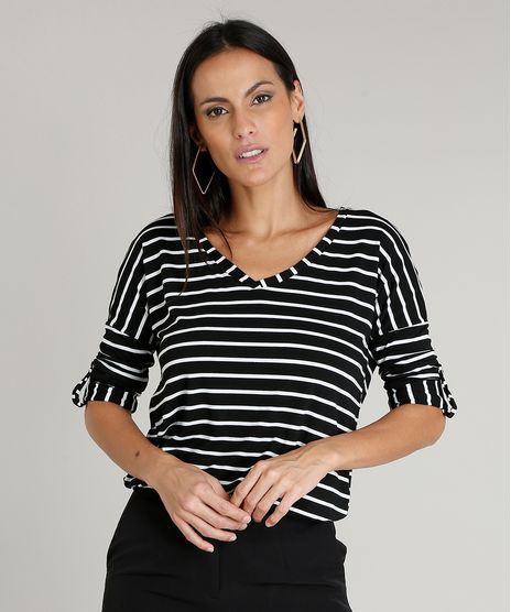Blusa-Feminina-Listrada-com-Martingale-Manga-Curta-Decote-V-Preta-9453120-Preto_1