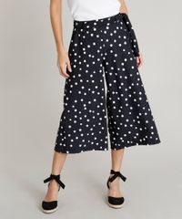 Calca-Pantacourt-Feminina-Estampada-de-Poa-com-Faixa-para-Amarrar-Preta-9447301-Preto_1