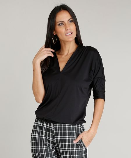 Blusa Feminina Blusê Manga Curta Decote V Preta Menor preço em Blusa Feminina Blusê Manga Curta Decote V Preta