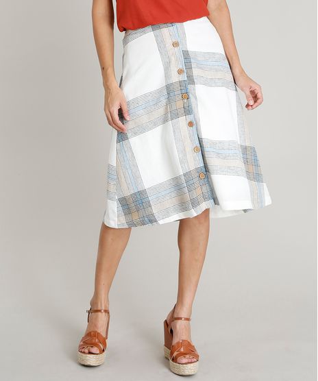 Saia-Feminina-Midi-em-Linho-Estampada-Xadrez-com-Botoes-Off-White-9417231-Off_White_1