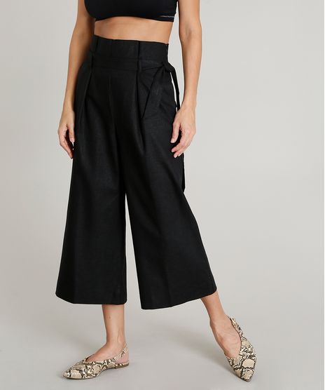 Calca-Pantacourt-Feminina-em-Linho-com-Faixa-para-Amarrar-Preta-9357653-Preto_1