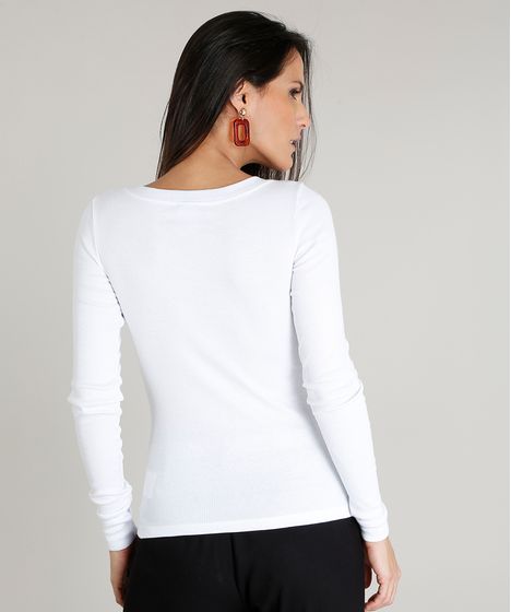 Blusa Feminina Basica Canelada Manga Longa Decote V Branca Cea