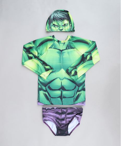 Conjunto-Infantil-Hulk-de-Camiseta-de-Praia---Sunga---Touca-com-Protecao-UV50--Verde-9430865-Verde_1