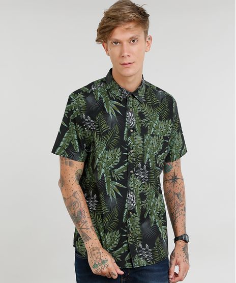 Camisa-Masculina-Estampada-de-Folhagem-com-Bolso-Manga-Curta-Preta-9367428-Preto_1