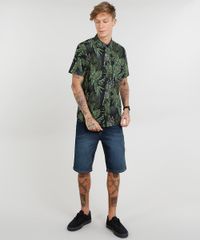 Camisa-Masculina-Estampada-de-Folhagem-com-Bolso-Manga-Curta-Preta-9367428-Preto_3