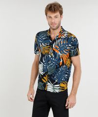 Camisa-Masculina-Estampada-de-Folhagem-Manga-Curta-Preta-9417128-Preto_1