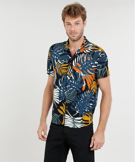 Camisa-Masculina-Estampada-de-Folhagem-Manga-Curta-Preta-9417128-Preto_1