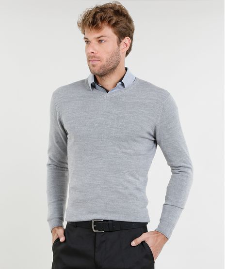 Sueter-Masculino-Basico-em-Trico-Gola-V-Cinza-Mescla-9345315-Cinza_Mescla_1