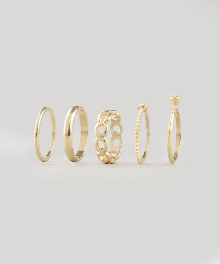 Kit de 5 Anéis Femininos Dourado Menor preço em Kit de 5 Anéis Femininos Dourado
