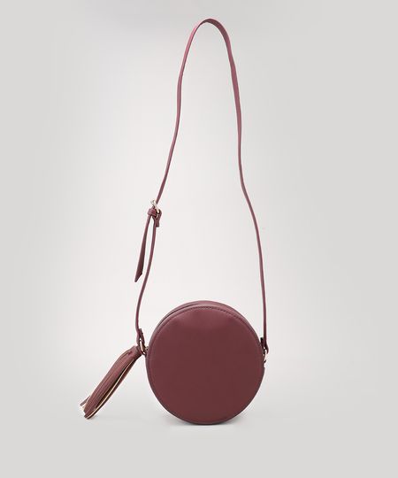 Bolsa Feminina Redonda Transversal com Tassel Vinho - Único Menor preço em Bolsa Feminina Redonda Transversal com Tassel Vinho - Único