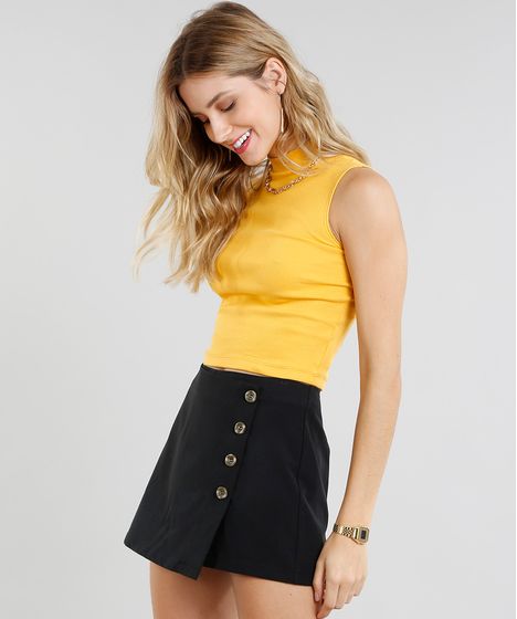 Regata Feminina Cropped Gola Alta Básica Canelada Mostarda - cea