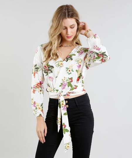 Blusa Feminina Transpassada Estampada Floral com Nó Manga Longa Decote V Off White Menor preço em Blusa Feminina Transpassada Estampada Floral com Nó Manga Longa Decote V Off White