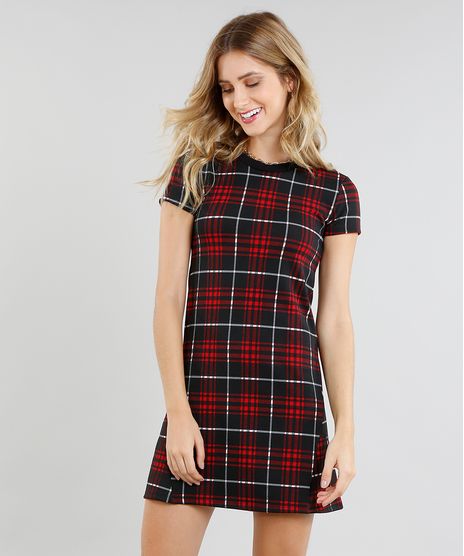 Vestido-Feminino-Curto-Estampado-Xadrez-Manga-Curta-Preto-9464751-Preto_1