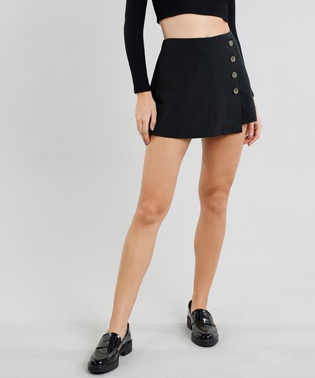 Short Saia Feminino Transpassado com Botões Preto Menor preço em Short Saia Feminino Transpassado com Botões Preto
