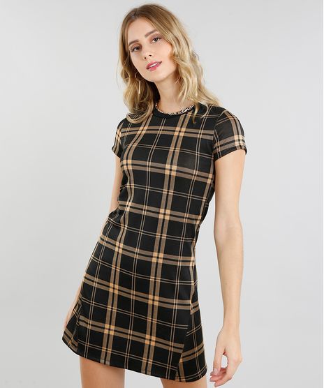 Vestido-Feminino-Curto-Estampado-Xadrez-Manga-Curta-Preto-9464745-Preto_1