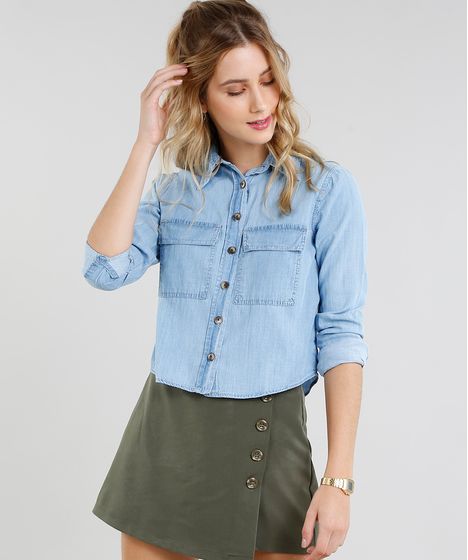 Camisa Jeans Feminina Cropped Com Bolsos Manga Longa Azul Claro Cea