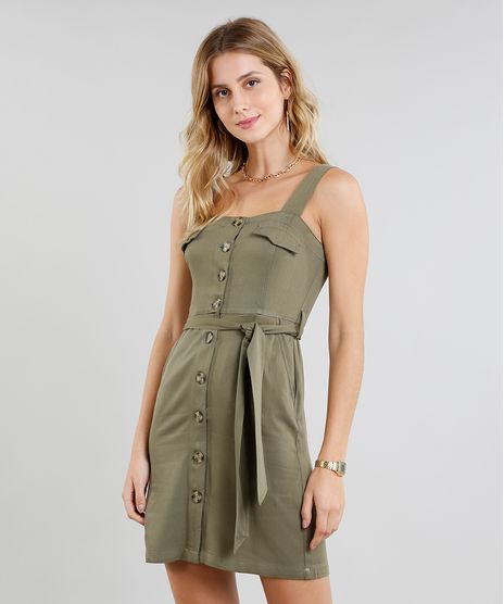 Vestido-Feminino-Curto-com-Botoes-e-Faixa-para-Amarrar-Verde-Militar-9366628-Verde_Militar_1