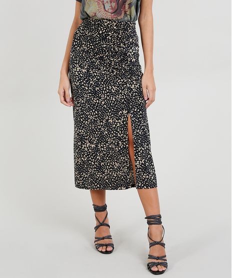 Saia-Midi-Feminina-Mindset-Estampada-Animal-Print-com-Fenda-Preta-9522517-Preto_1