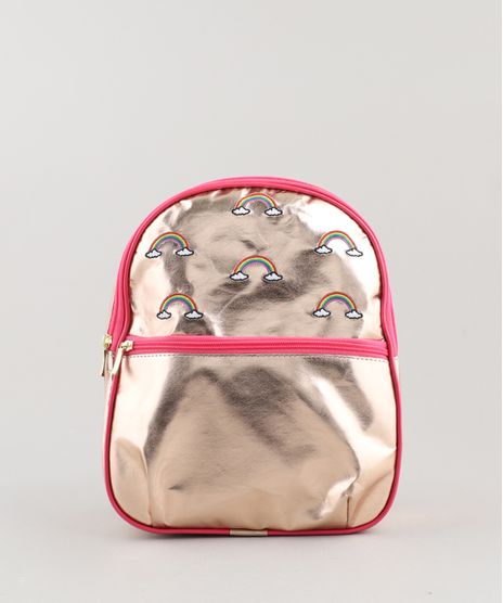 Mochila-Infantil-Metalizada-com-Bordado-de-Arco-Iris-e-Bolso-Dourada-9440428-Dourado_1