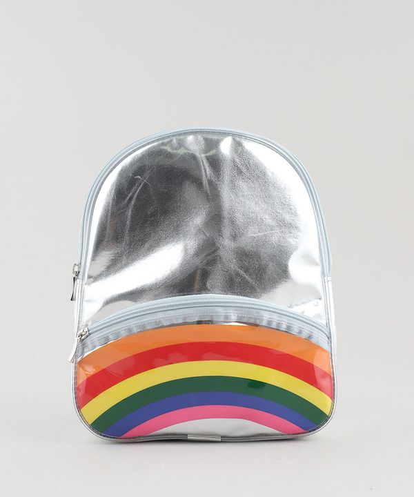 Mochila Infantil Metalizada Arco-Íris com Bolso Prateada Único