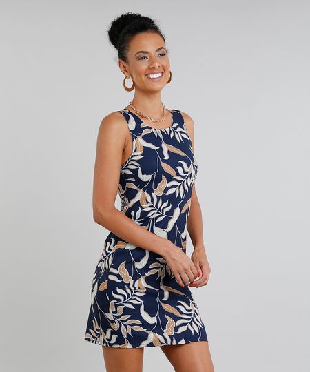 Vestido Feminino Curto Estampado de Folhagem Decote Redondo Azul Marinho Menor preço em Vestido Feminino Curto Estampado de Folhagem Decote Redondo Azul Marinho