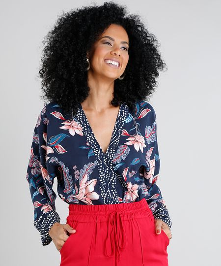 Body Feminino Blusê Estampado Floral Manga Longa Decote V Azul Marinho Menor preço em Body Feminino Blusê Estampado Floral Manga Longa Decote V Azul Marinho