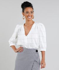 Camisa-Feminina-em-Linho-Estampada-Quadriculada-com-Botoes-Manga-Curta-Decote-V-Off-White-9382346-Off_White_1 Camisa-Feminina-em-Linho-Estampada-Quadriculada-com-Botoes-Manga-Curta-Decote-V-Off-White-9382346-Off_White_1