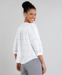 Camisa-Feminina-em-Linho-Estampada-Quadriculada-com-Botoes-Manga-Curta-Decote-V-Off-White-9382346-Off_White_2 Camisa-Feminina-em-Linho-Estampada-Quadriculada-com-Botoes-Manga-Curta-Decote-V-Off-White-9382346-Off_White_2